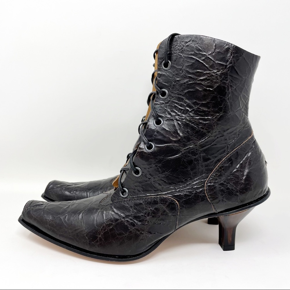 CYDWOQ Andesite Handmade Crackled Leather Square Toe Lace Up Boots Size 36, US 6